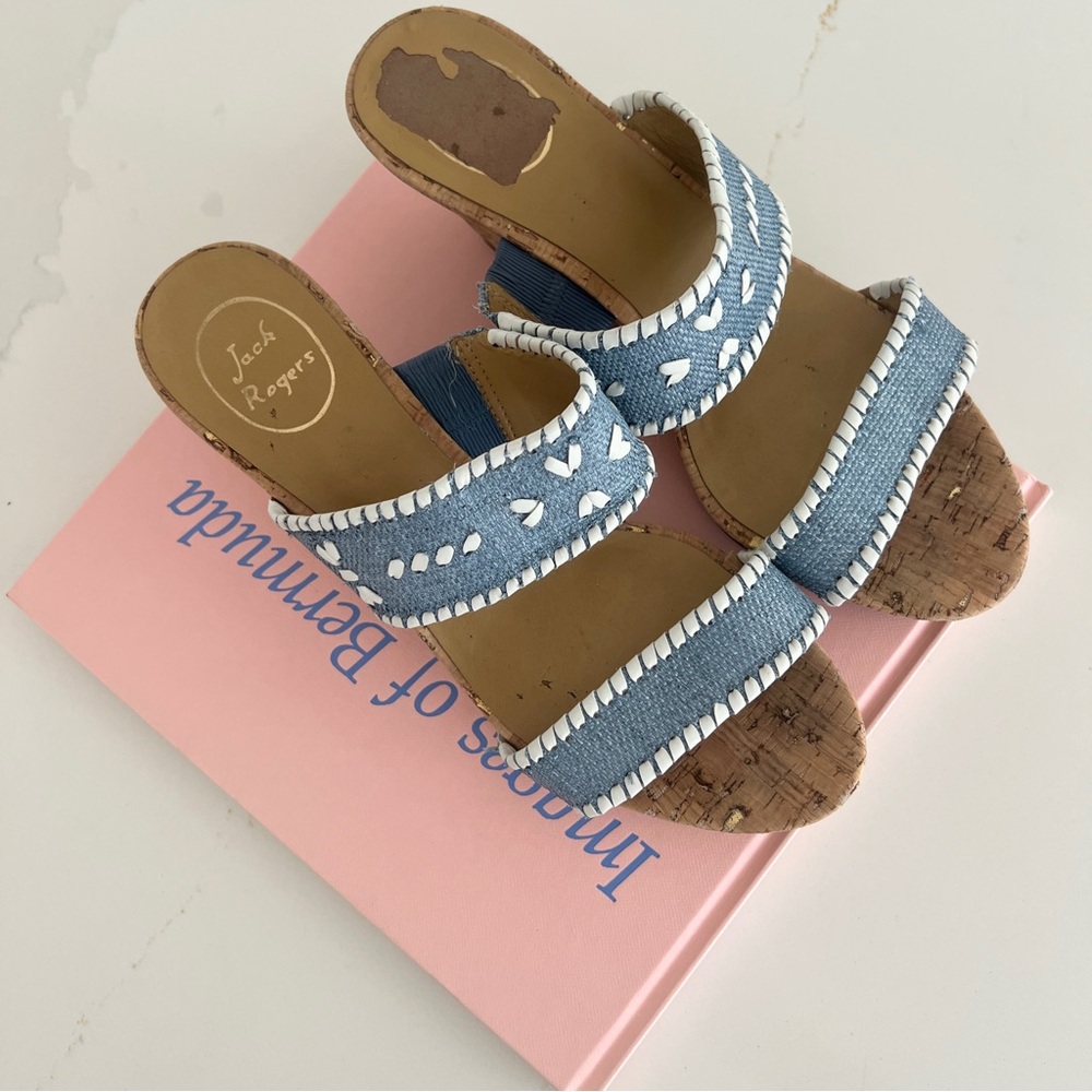 Jack Rogers Wedge Sandals Ella Cork Double Strap Coastal Blue and White Size 10 - Picture 5 of 16